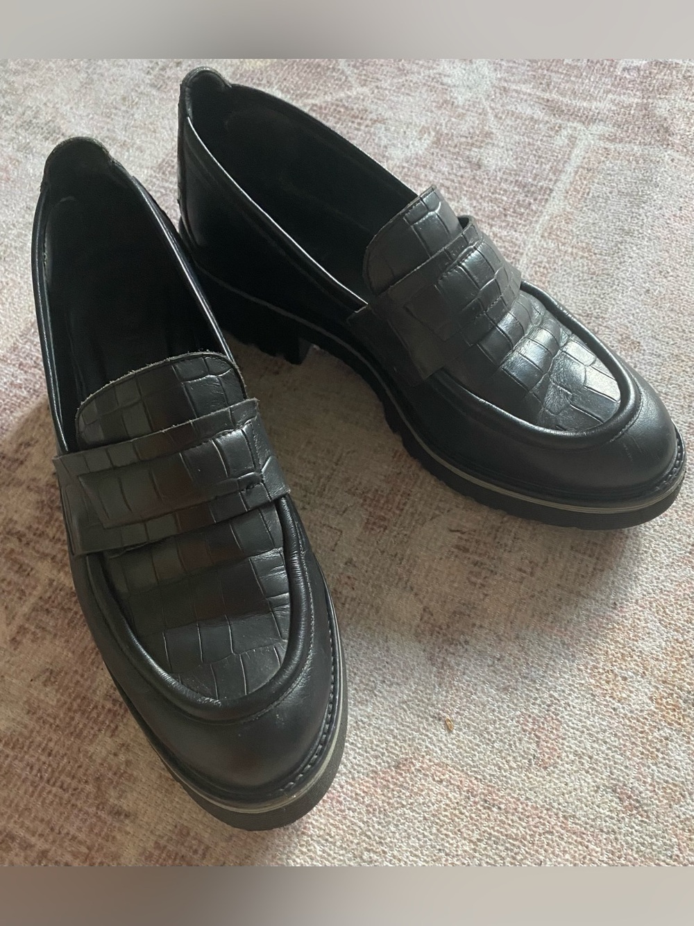 M. Gemi Handmade Elsa Black Croco Printed Leather Loafers -Size 40